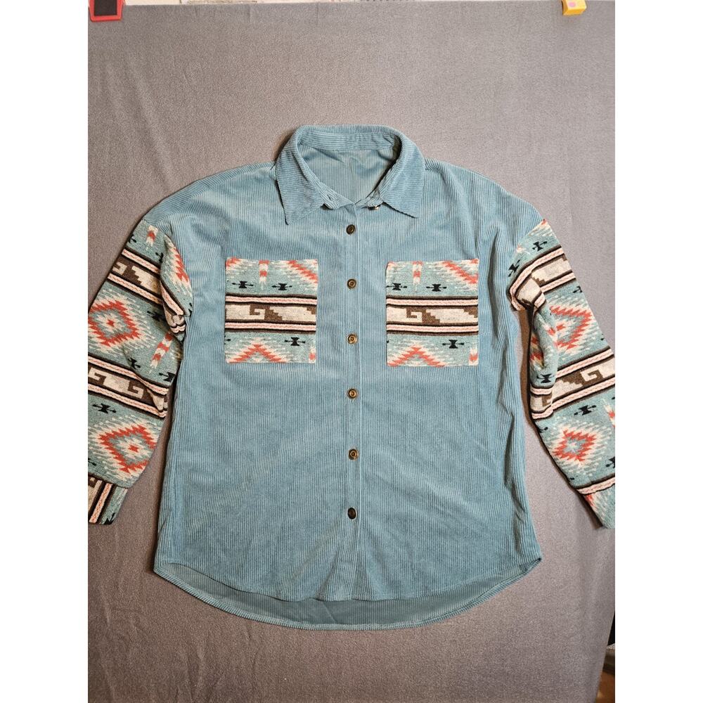 Shacket Women's Medium Lake Green Oversize Aztec Print Corduroy Jacket Shirt